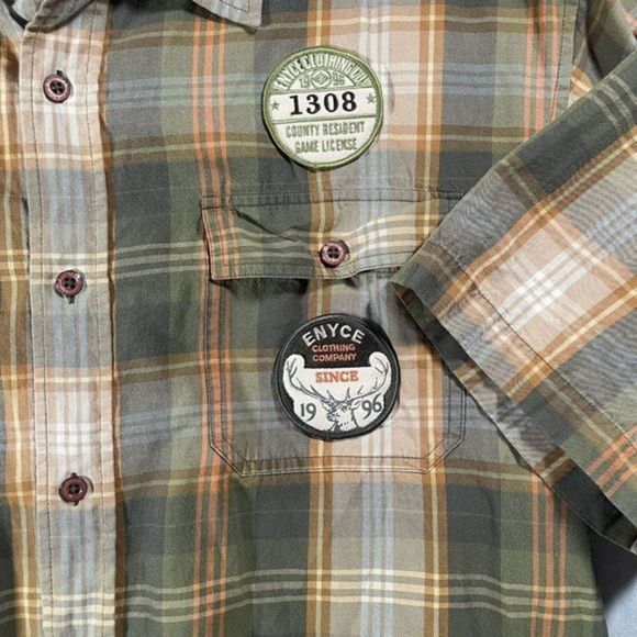 Enyce Patches Shirt Mens Size L Game Wildlife Plaid Hunting Button Short Sleeve - Picture 3 of 7